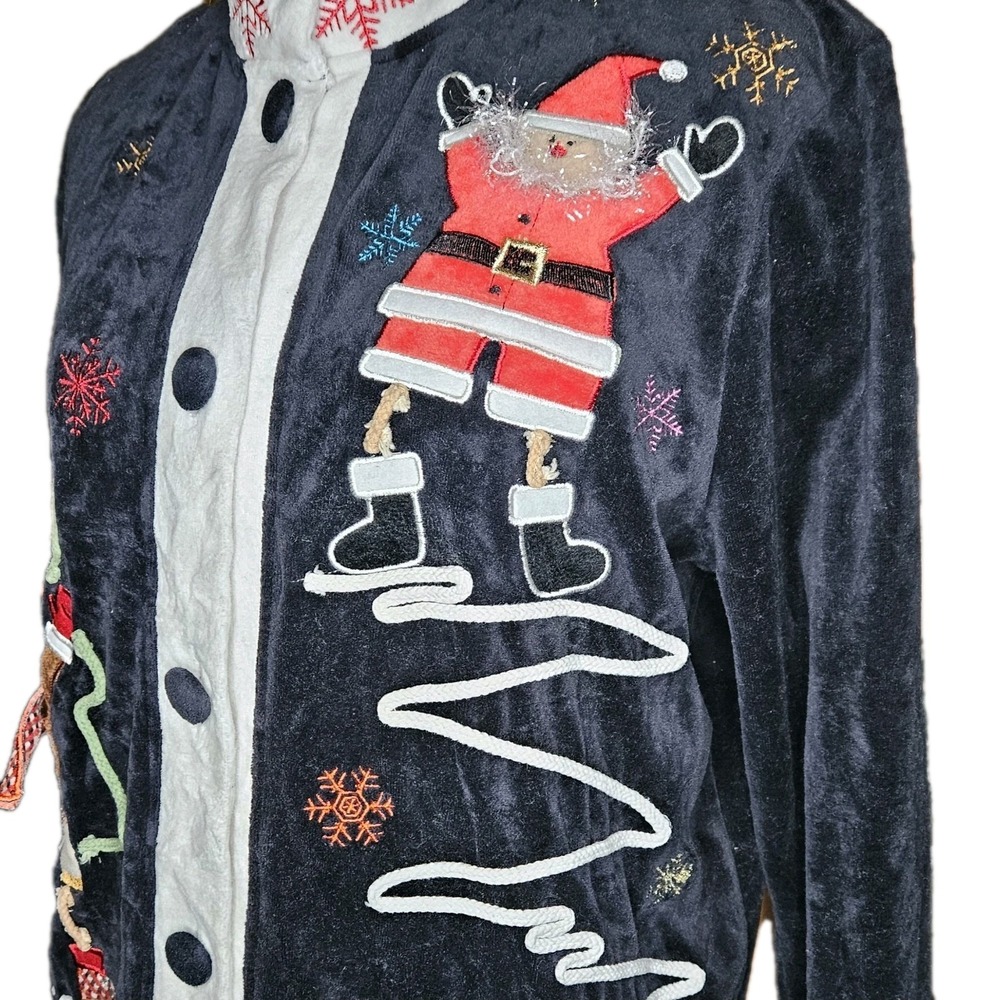 Onque Petite Womens Navy Velour Christmas Santa Reindeer Button Cardigan PS - Picture 4 of 10